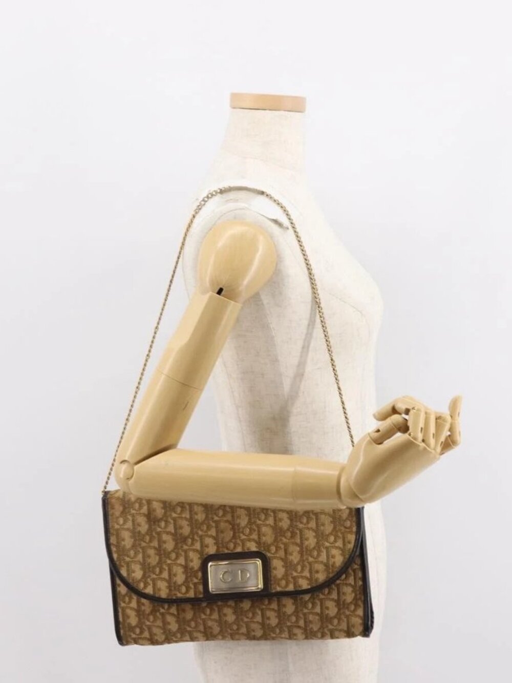 Christian Dior Trotter Canvas Chain Shoulder Bag Brown Gold